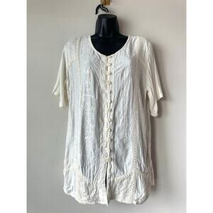 Vintage 90s White Embroidered Button Front Tunic Top Boho Art Wear Size M